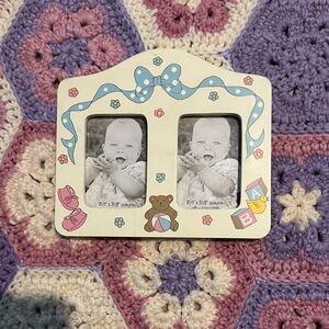 Baby Themed Double Picture Frame with Pastel Blue and Pink Accents